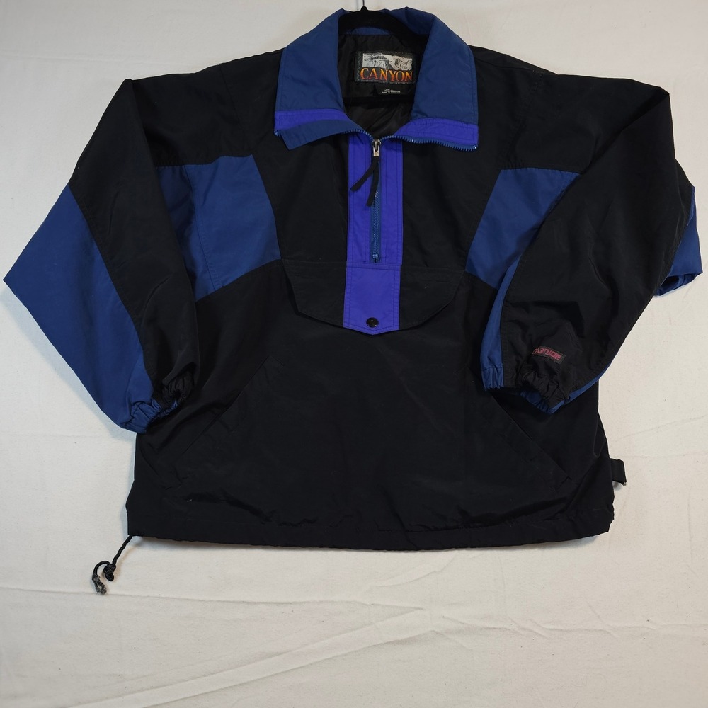 Vintage Canyon Anorak Jacket Black Blue‎ Color Block Pullover Sz Medium Gorpcore